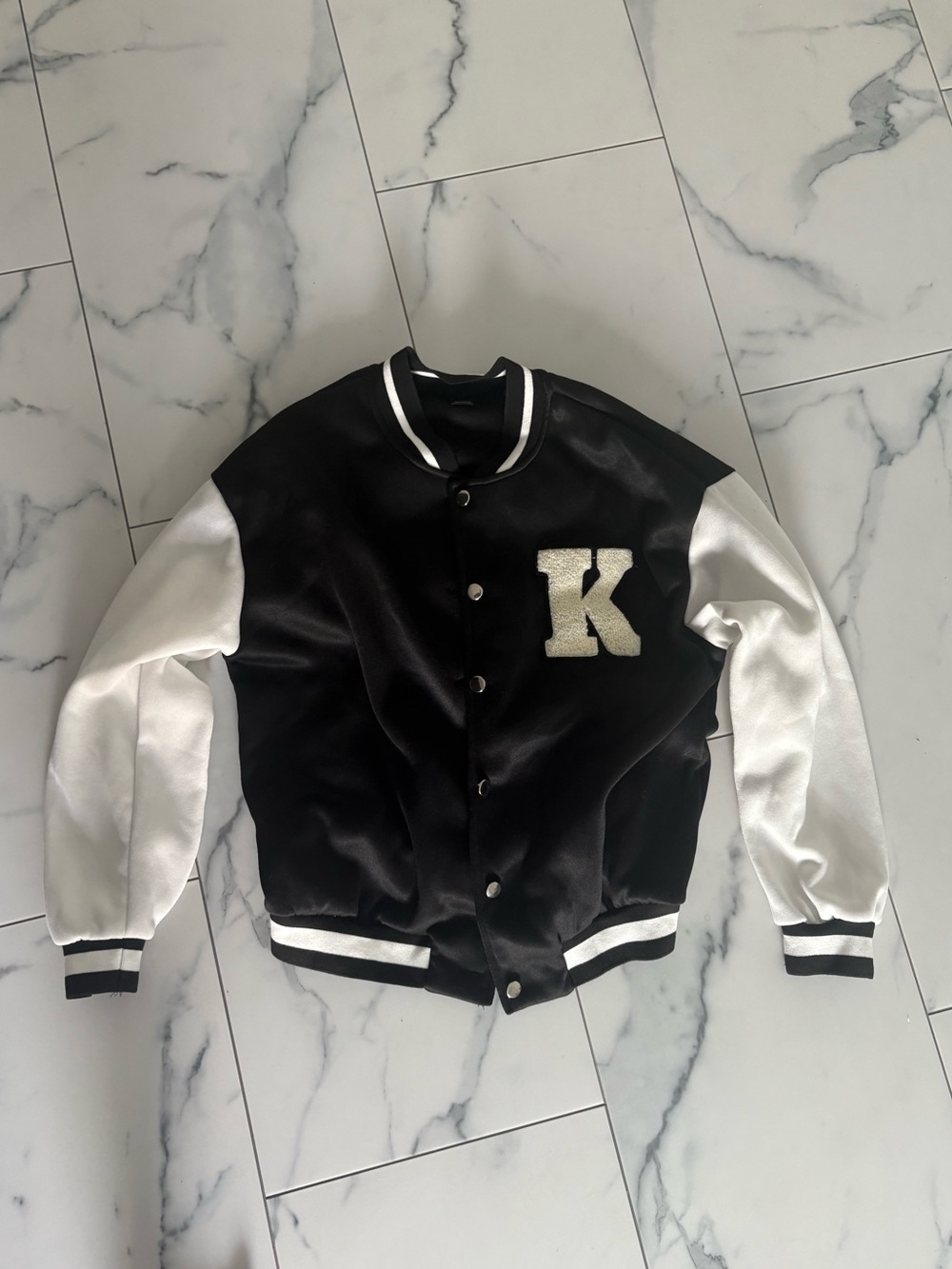 SHEIN Black and White Kids Varsity Letterman Jacket with 'K' Patch